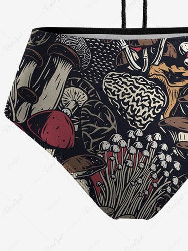 Gothic Colorful Mushroom Floral Print Hollow Out Halter Backless Bikini Set