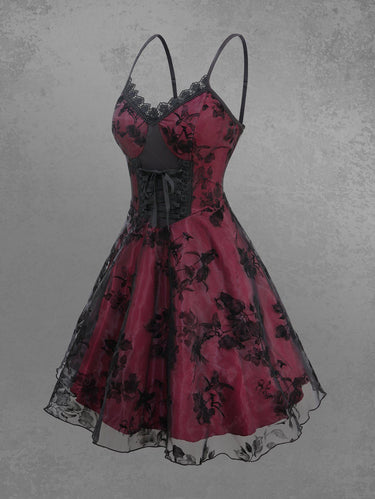 Gothic Leaf Floral Bird Flocking Lace Up Lace-trim Layered Backless A Line Cami Dress(3 Days Delivery)