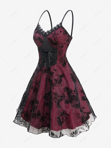 Gothic Leaf Floral Bird Flocking Lace Up Lace-trim Layered Backless A Line Cami Dress(3 Days Delivery)