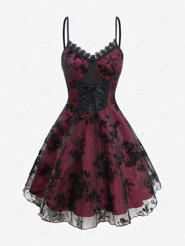 Gothic Leaf Floral Bird Flocking Lace Up Lace-trim Layered Backless A Line Cami Dress(3 Days Delivery)