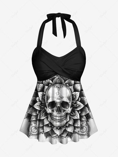 Gothic Plus Size Skull Vintage Floral Print Twist Halter Backless Cinched Boyleg Tankini Swimsuit