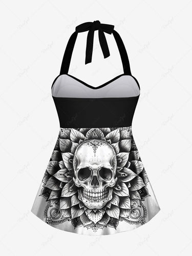 Gothic Plus Size Skull Vintage Floral Print Twist Halter Backless Cinched Boyleg Tankini Swimsuit