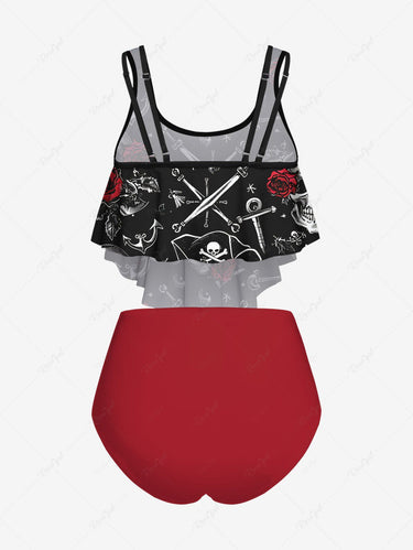 Gothic Plus Size Skull Pirate Sword Rose Flower Print Peplem Hem Tankini Swimsuit