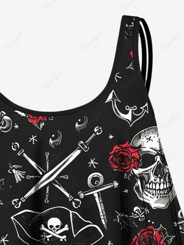 Gothic Plus Size Skull Pirate Sword Rose Flower Print Peplem Hem Tankini Swimsuit
