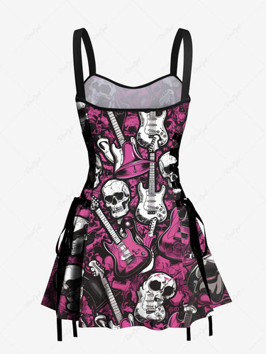 Gothic Skulls Guitar Bell Print Lace Up Backless A Line Tank Dress