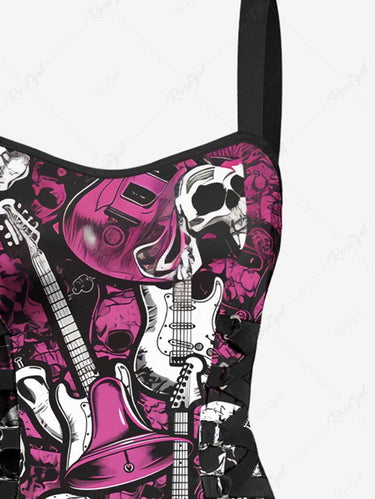Gothic Skulls Guitar Bell Print Lace Up Backless A Line Tank Dress