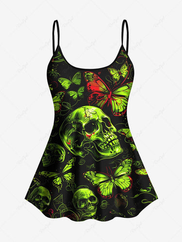 Gothic Plus Size Neon Color Skulls Butterfly Print Boyleg Tankini Swimsuit (Adjustable Shoulder Strap)