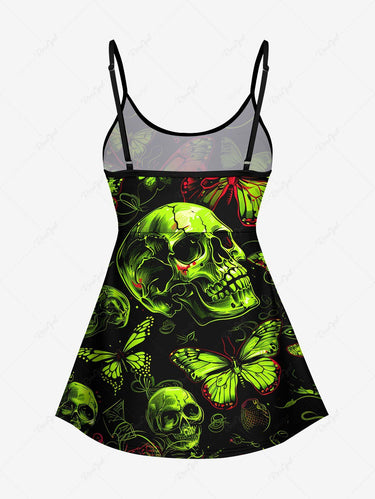 Gothic Plus Size Neon Color Skulls Butterfly Print Boyleg Tankini Swimsuit (Adjustable Shoulder Strap)