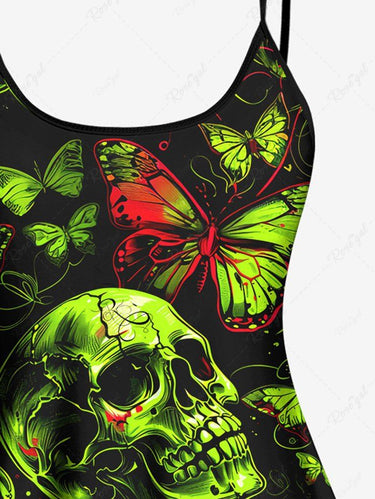 Gothic Plus Size Neon Color Skulls Butterfly Print Boyleg Tankini Swimsuit (Adjustable Shoulder Strap)