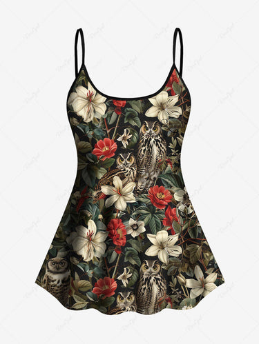 Gothic Plus Size Owl Flower Leaf Print Boyleg Tankini Swimsuit (Adjustable Shoulder Strap)