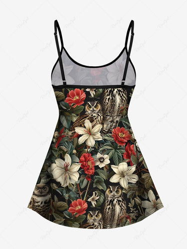 Gothic Plus Size Owl Flower Leaf Print Boyleg Tankini Swimsuit (Adjustable Shoulder Strap)