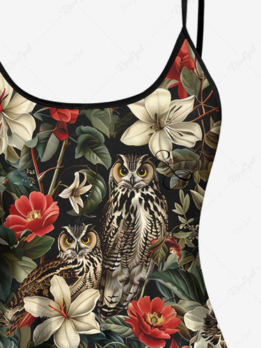 Gothic Plus Size Owl Flower Leaf Print Boyleg Tankini Swimsuit (Adjustable Shoulder Strap)