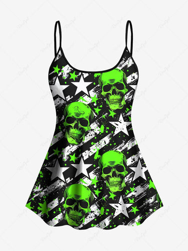 Gothic Plus Size Ink Painting Splatter Neon Color Skulls Striped Stars Print Boyleg Tankini Swimsuit (Adjustable Shoulder Strap)