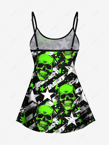 Gothic Plus Size Ink Painting Splatter Neon Color Skulls Striped Stars Print Boyleg Tankini Swimsuit (Adjustable Shoulder Strap)