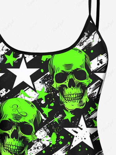 Gothic Plus Size Ink Painting Splatter Neon Color Skulls Striped Stars Print Boyleg Tankini Swimsuit (Adjustable Shoulder Strap)