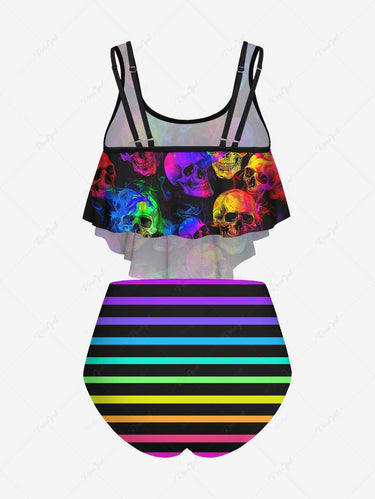 Gothic Plus Size Colorful Ombre Striped Smoking Skulls Print Peplum Hem Backless Tankini Swimsuit