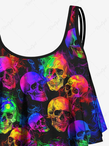Gothic Plus Size Colorful Ombre Striped Smoking Skulls Print Peplum Hem Backless Tankini Swimsuit