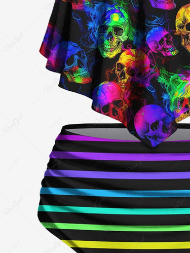 Gothic Plus Size Colorful Ombre Striped Smoking Skulls Print Peplum Hem Backless Tankini Swimsuit