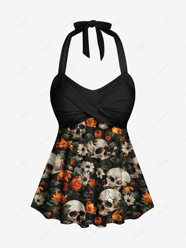 Gothic Plus Size Skulls Flower Leaf Print Halter Twist Backless Cinched Boyleg Tankini Swimsuit