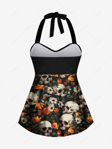 Gothic Plus Size Skulls Flower Leaf Print Halter Twist Backless Cinched Boyleg Tankini Swimsuit