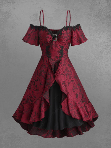 Gothic Cold Shoulder Floral Jacquard Buckle Applique Layered Ruffles A Line Dress