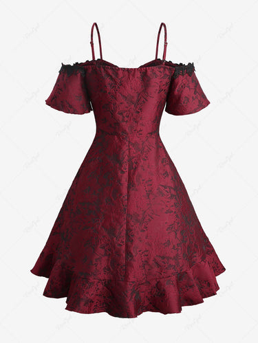 Gothic Cold Shoulder Floral Jacquard Buckle Applique Layered Ruffles A Line Dress