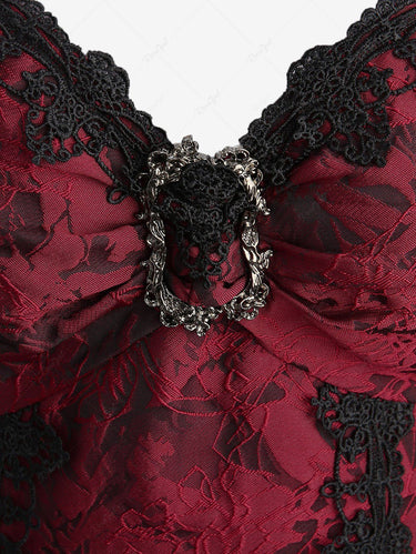 Gothic Cold Shoulder Floral Jacquard Buckle Applique Layered Ruffles A Line Dress
