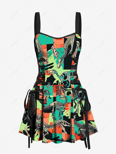 Gothic Dinosaur Colorblock Print Lace Up Backless A Line Tank Dress