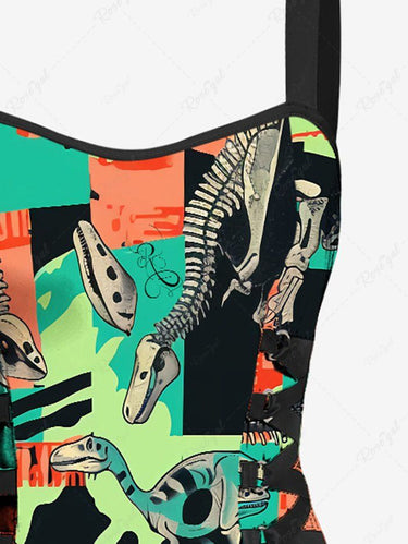 Gothic Dinosaur Colorblock Print Lace Up Backless A Line Tank Dress