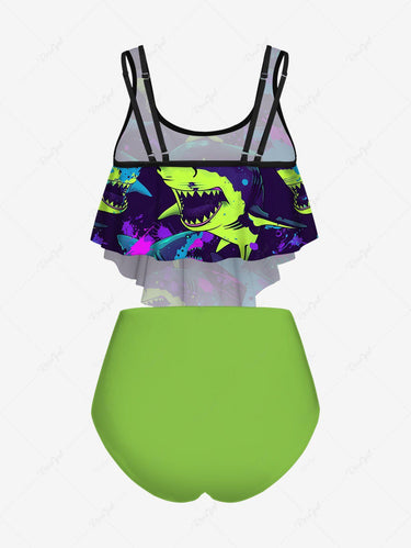 Gothic Plus Size Neon Color Shark Sea Creatures Print Peplum Hem Backless Tankini Swimsuit