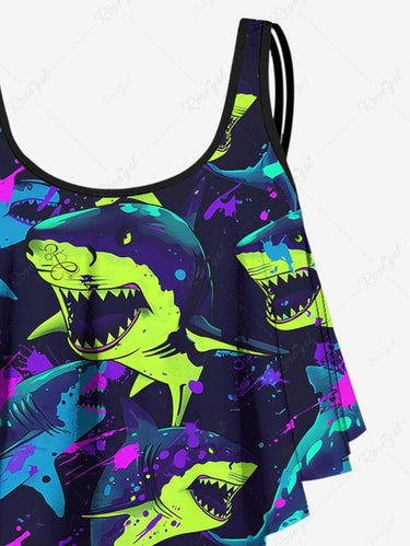 Gothic Plus Size Neon Color Shark Sea Creatures Print Peplum Hem Backless Tankini Swimsuit