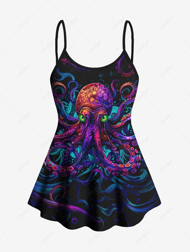 Gothic Plus Size Octopus Print Boyleg Tankini Swimsuit (Adjustable Shoulder Strap)
