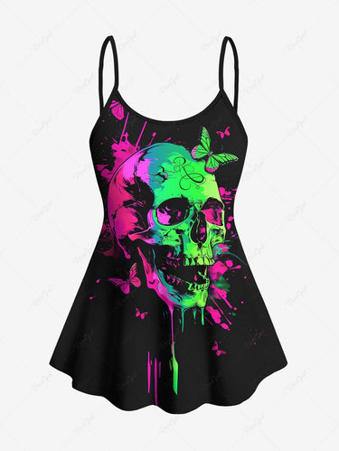 Gothic Plus Size Skull Painting Splatter Butterfly Print Boyleg Tankini Swimsuit (Adjustable Shoulder Strap)