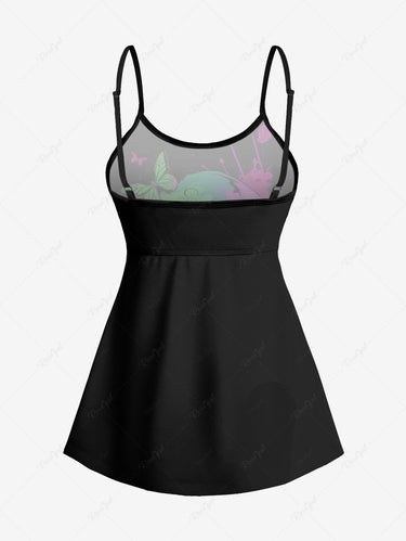 Gothic Plus Size Skull Painting Splatter Butterfly Print Boyleg Tankini Swimsuit (Adjustable Shoulder Strap)