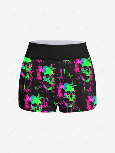 Gothic Plus Size Skull Painting Splatter Butterfly Print Boyleg Tankini Swimsuit (Adjustable Shoulder Strap)