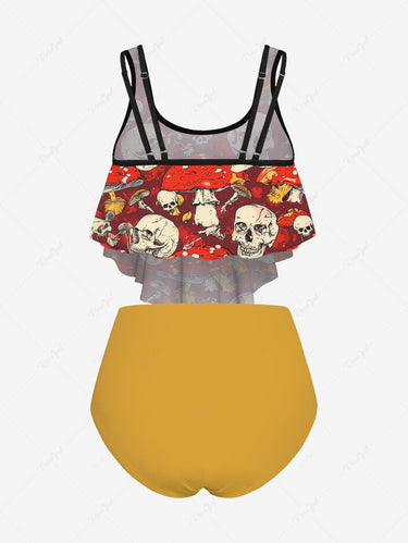Gothic Plus Size Skulls Mushroom Print Peplum Hem Backless Tankini Swimsuit