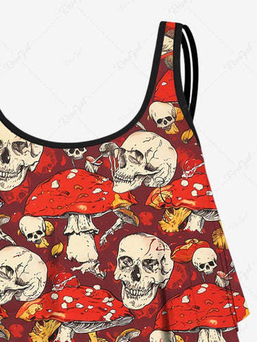 Gothic Plus Size Skulls Mushroom Print Peplum Hem Backless Tankini Swimsuit