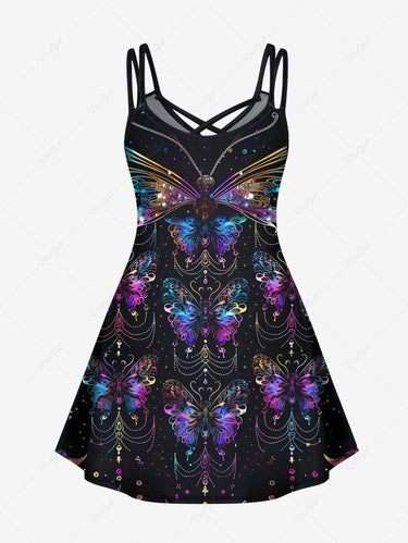 Gothic Plus Size Colorful Ombre Butterfly Moon Stars Print Crisscross A Line Cami Dress
