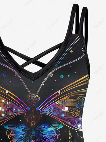 Gothic Plus Size Colorful Ombre Butterfly Moon Stars Print Crisscross A Line Cami Dress