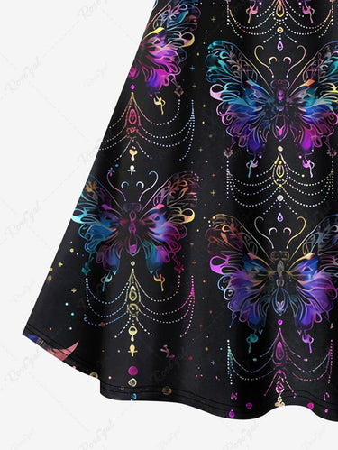 Gothic Plus Size Colorful Ombre Butterfly Moon Stars Print Crisscross A Line Cami Dress