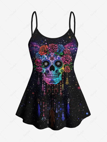 Gothic Plus Size Skull Rose Flower Dreamcatcher Glitter Galaxy Print Boyleg Tankini Swimsuit (Adjustable Shoulder Strap)