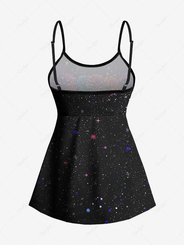 Gothic Plus Size Skull Rose Flower Dreamcatcher Glitter Galaxy Print Boyleg Tankini Swimsuit (Adjustable Shoulder Strap)