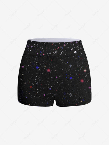 Gothic Plus Size Skull Rose Flower Dreamcatcher Glitter Galaxy Print Boyleg Tankini Swimsuit (Adjustable Shoulder Strap)