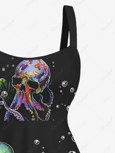 Gothic Plus Size Colorful Skulls Octopus Bubbles Seabed Print Backless A Line Tank Dress