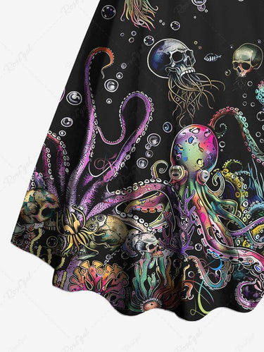 Gothic Plus Size Colorful Skulls Octopus Bubbles Seabed Print Backless A Line Tank Dress