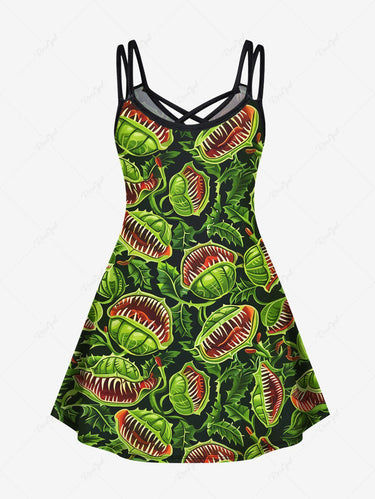 Gothic Plus Size Piranha Plant Print Crisscross A Line Cami Dress