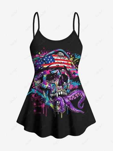 Gothic Plus Size Skull Octopus Patriotic American Flag Painting Splatter Print Boyleg Tankini Swimsuit (Adjustable Shoulder Strap)