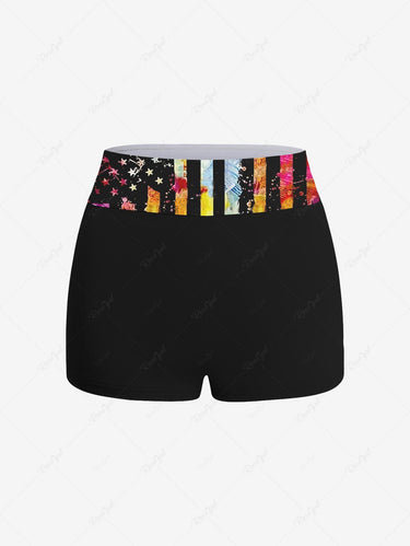 Gothic Plus Size Skull Octopus Patriotic American Flag Painting Splatter Print Boyleg Tankini Swimsuit (Adjustable Shoulder Strap)