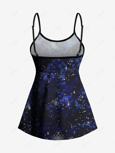 Gothic Plus Size Butterfly Leopard Galaxy Moon Print Boyleg Tankini Swimsuit (Adjustable Shoulder Strap)