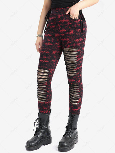 Gothic Halloween Ripped Mesh Panel Pocket Tie Dye Splatter Print Skinny Leggings(3 Days Delivery)